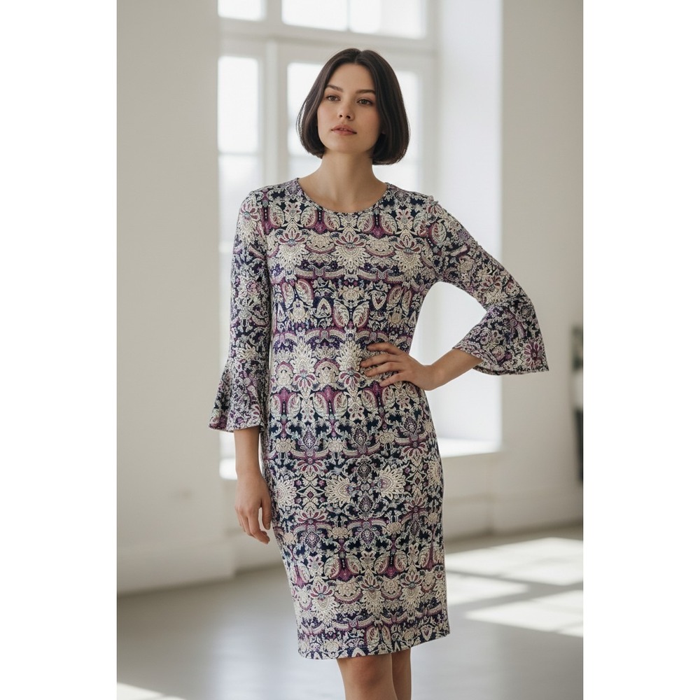 Ruff Hewn Grey Womens XS Paisley Damask Bell Sleeve Sheath Dress Purple Navy